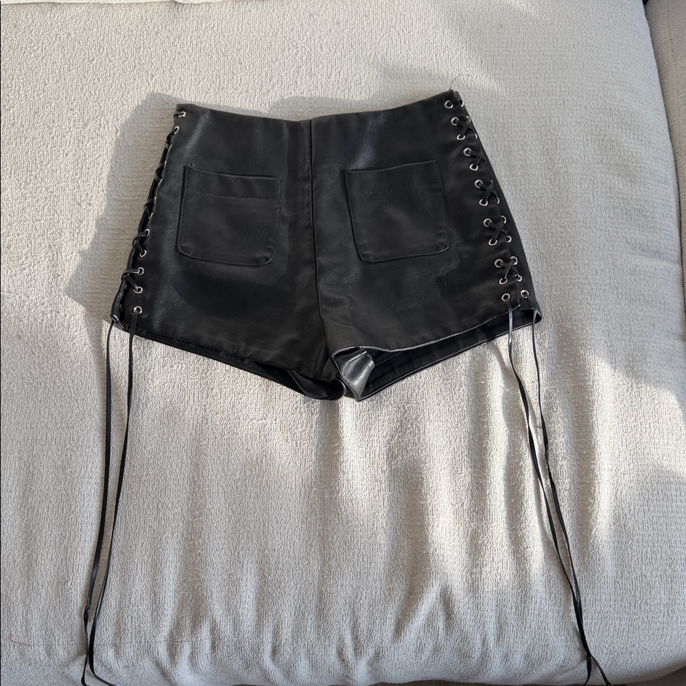 12th Tribe Black Lace-Up Leather Shorts - Picture 2 of 5